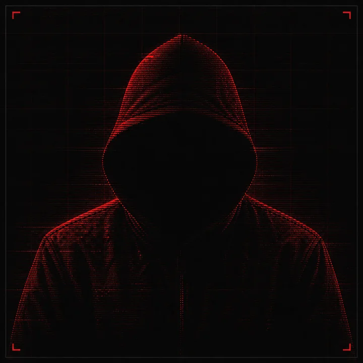 Anonymous hooded figure obscured by surveillance scan lines