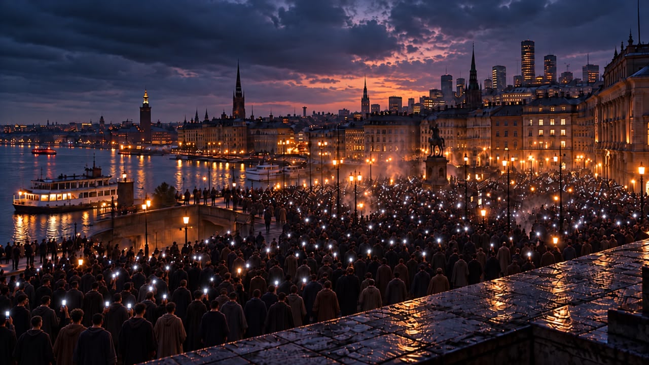 A city gathering at dusk, illuminated by hundreds of individual lights