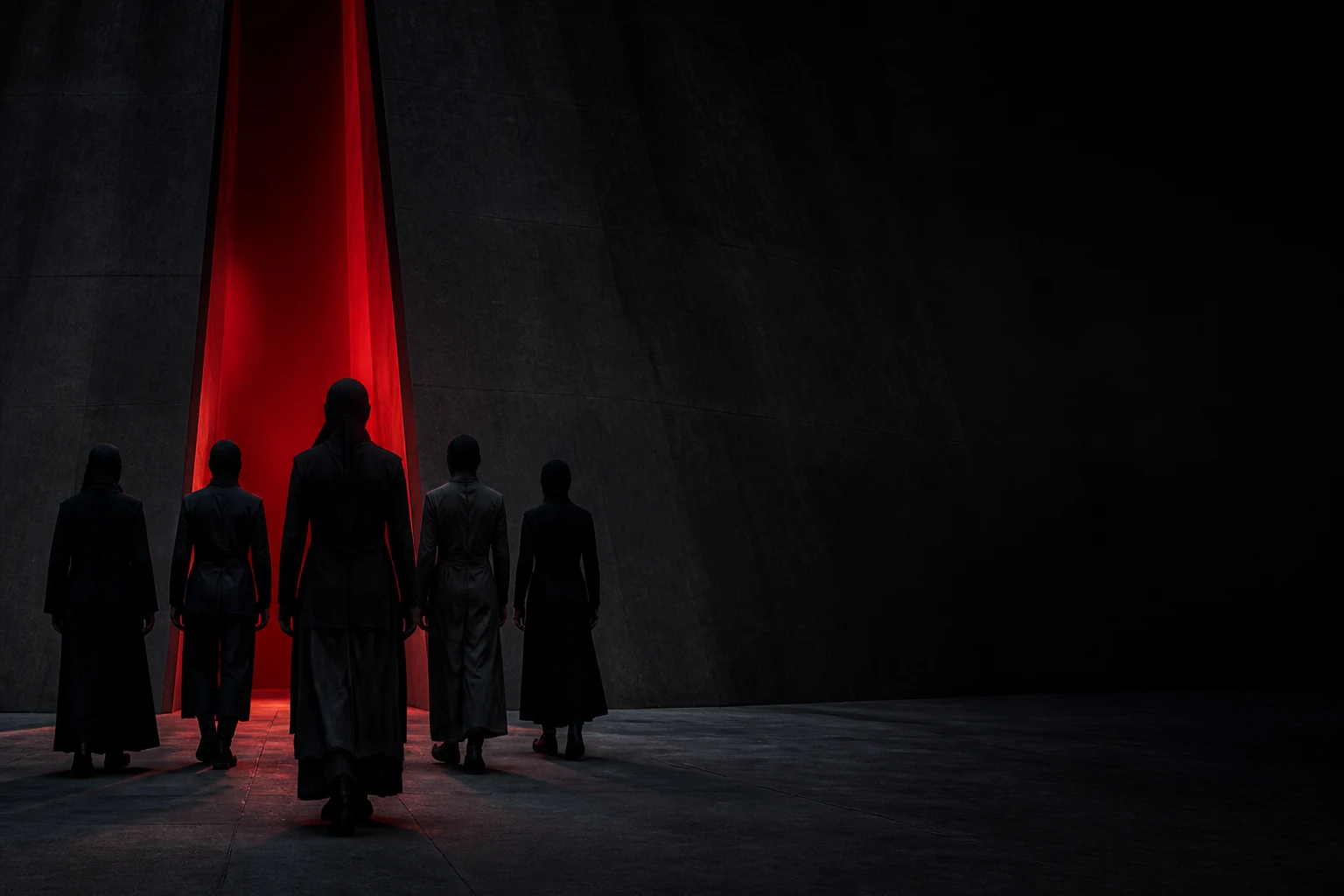 Five anonymous Rezistance figures approaching a red-lit threshold