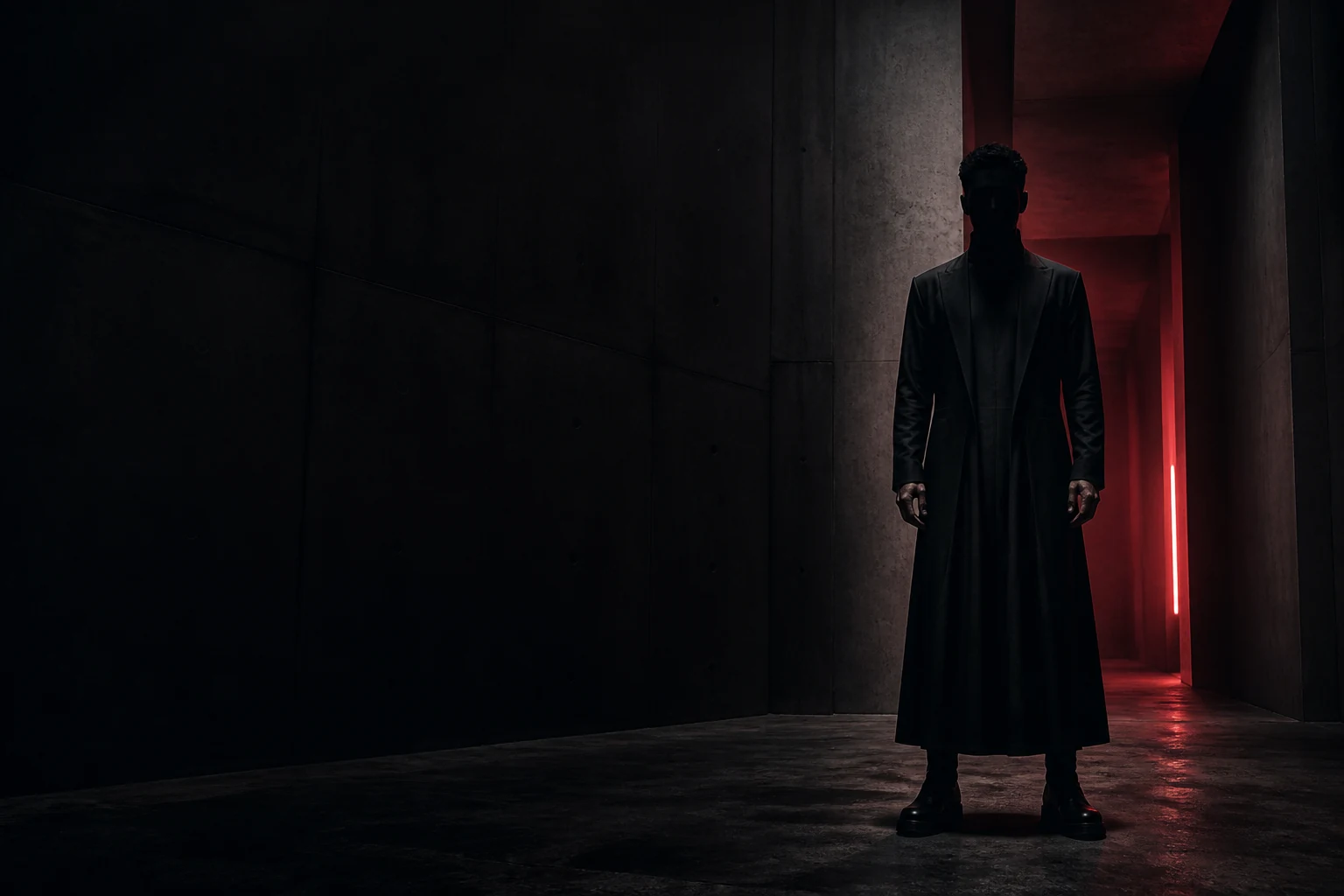 Anonymous Rezistance figure in a monumental red-lit corridor