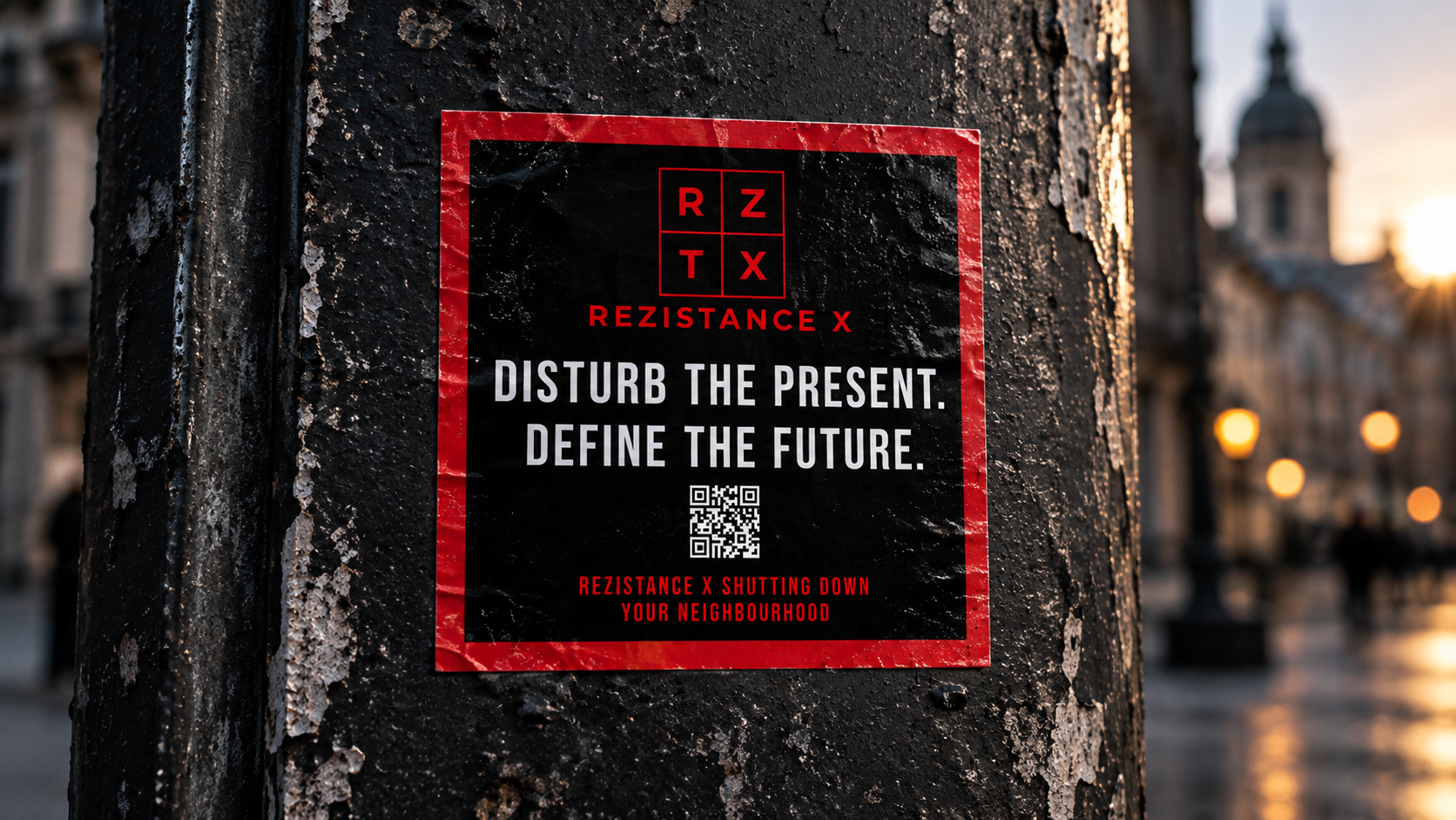 A square Rezistance sticker on a city wall